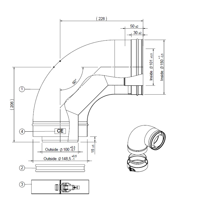 Ø100/150 noir Coude 90° + collier de serrage (lisse)