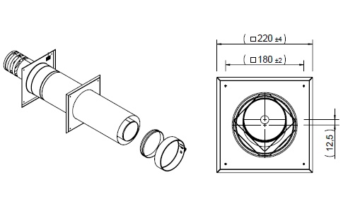 Sortie murale 600mm. conc 100/150 INOX noire+ collier de serrage