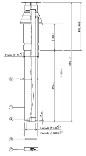 [302295] Sortie de toit 100/150 avec collier de serrage L=1360 Inox/Anthracite